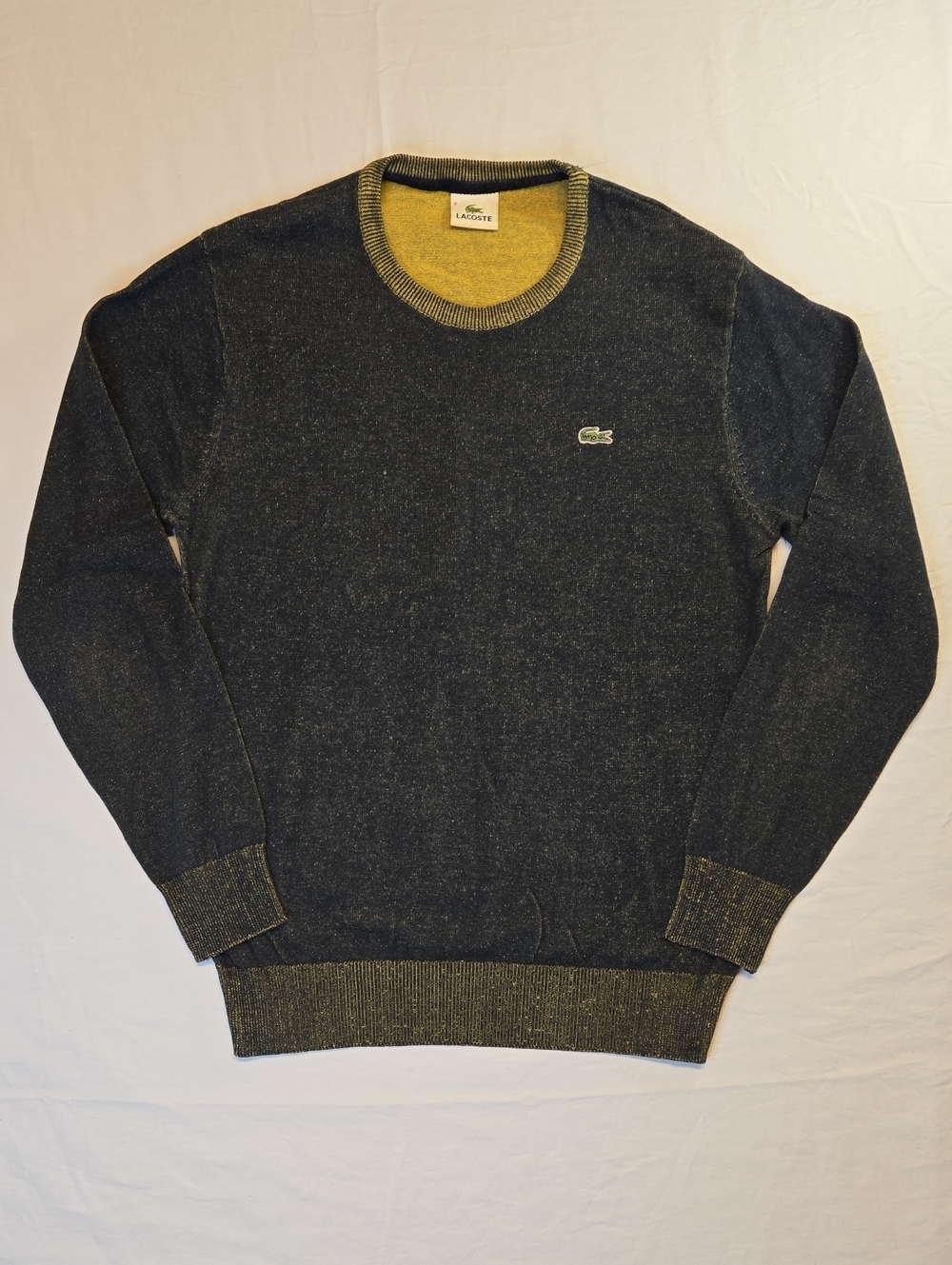 Lacoste Knit Speckle Pullover Crewneck Sweater Dark Navy Blue And Yellow
